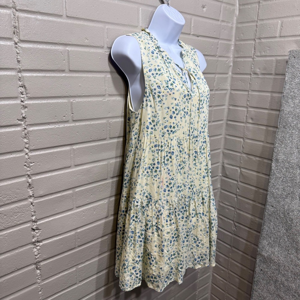 AQUA Yellow Blue Floral Tiered Mini Dress Ruffle Tie Neck Sleeveless Small Flaw - Picture 3 of 14